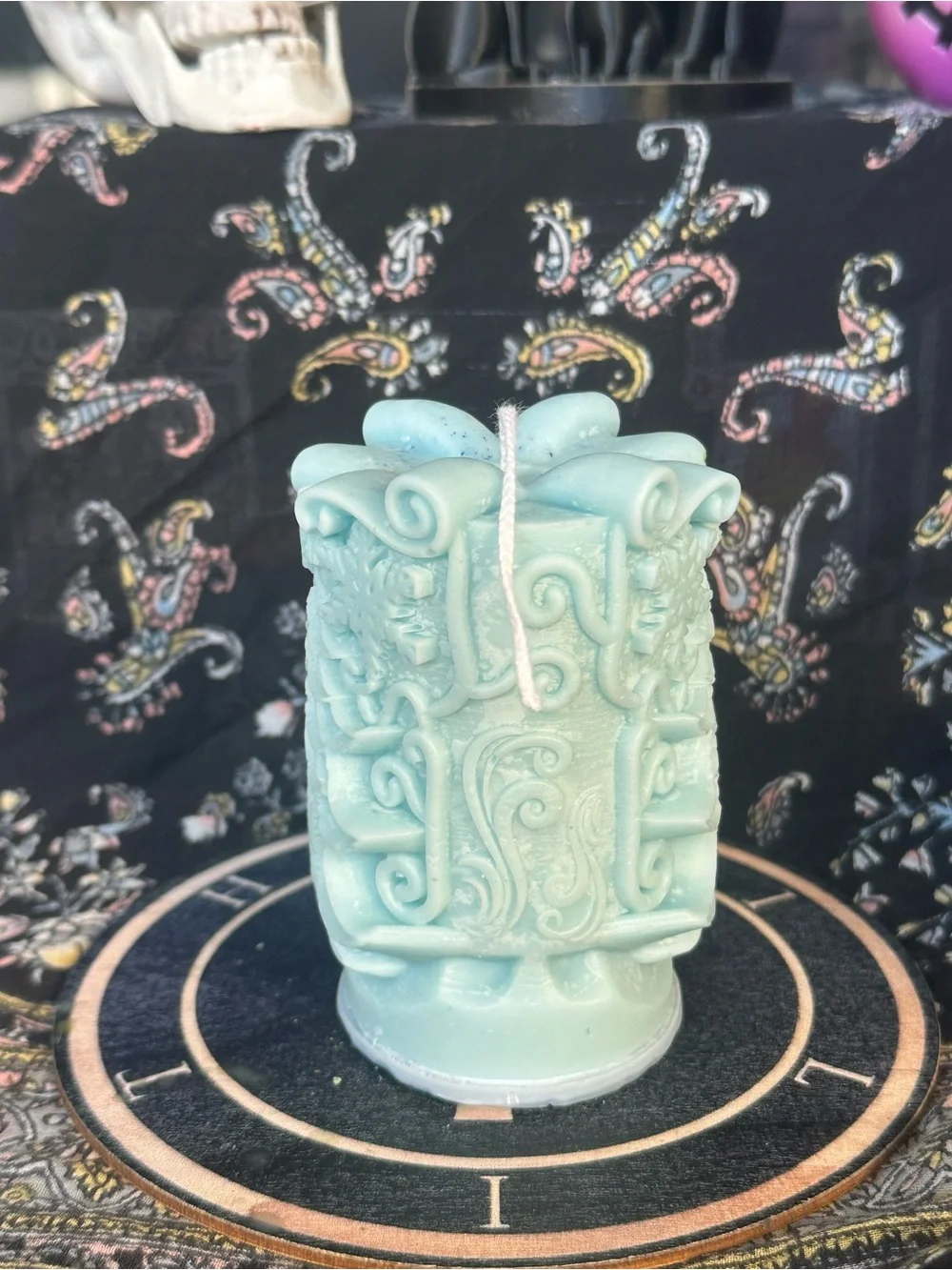 Icy Blue Winter Evergreen Pillar Candle